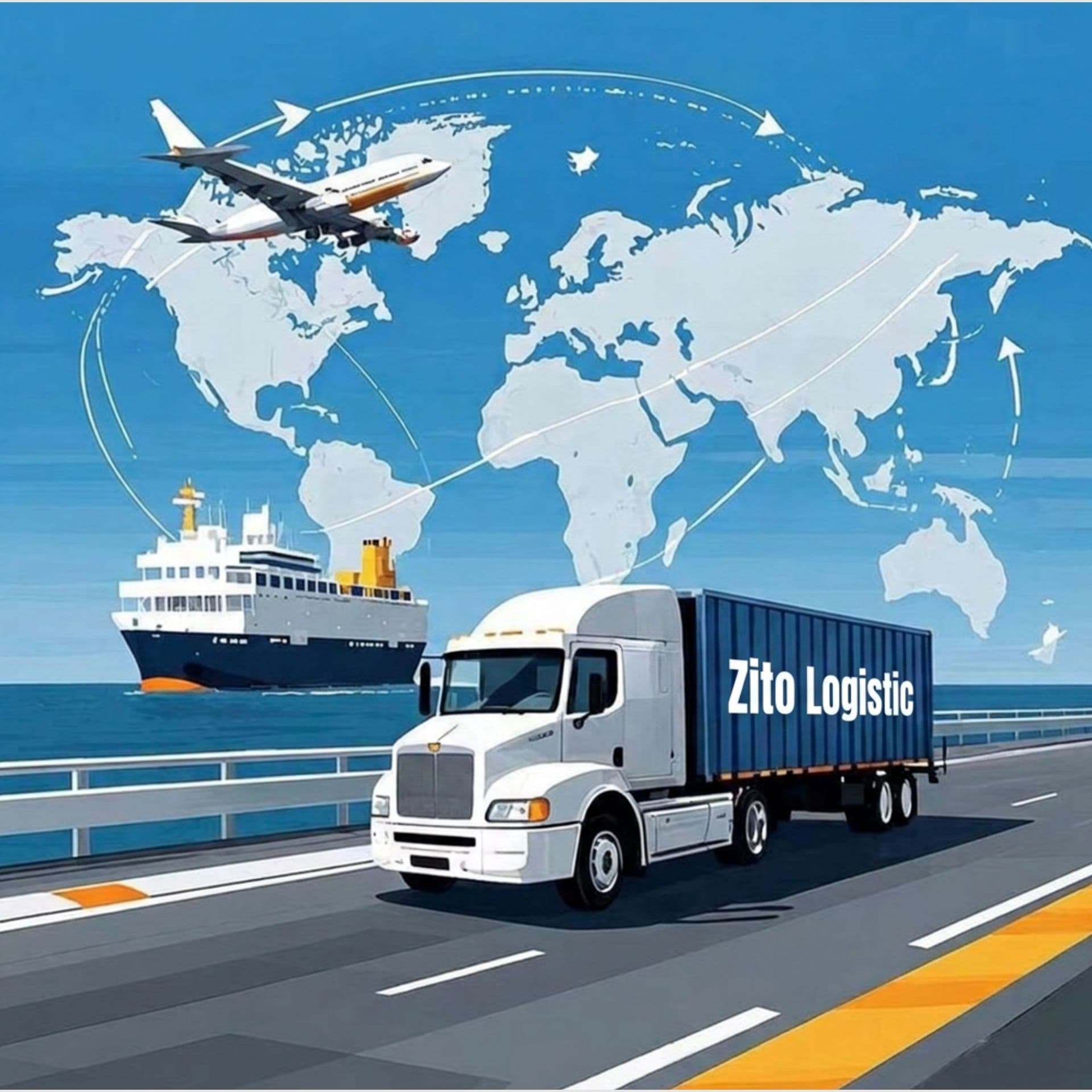Container ship and truck at a busy freight port at sunset